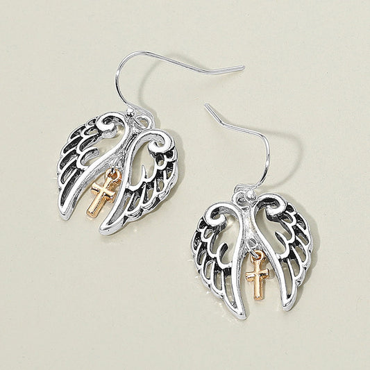Madeline Love Two Tone Two Tone Metal Cross Tip Angel Wing Dangle Earrings