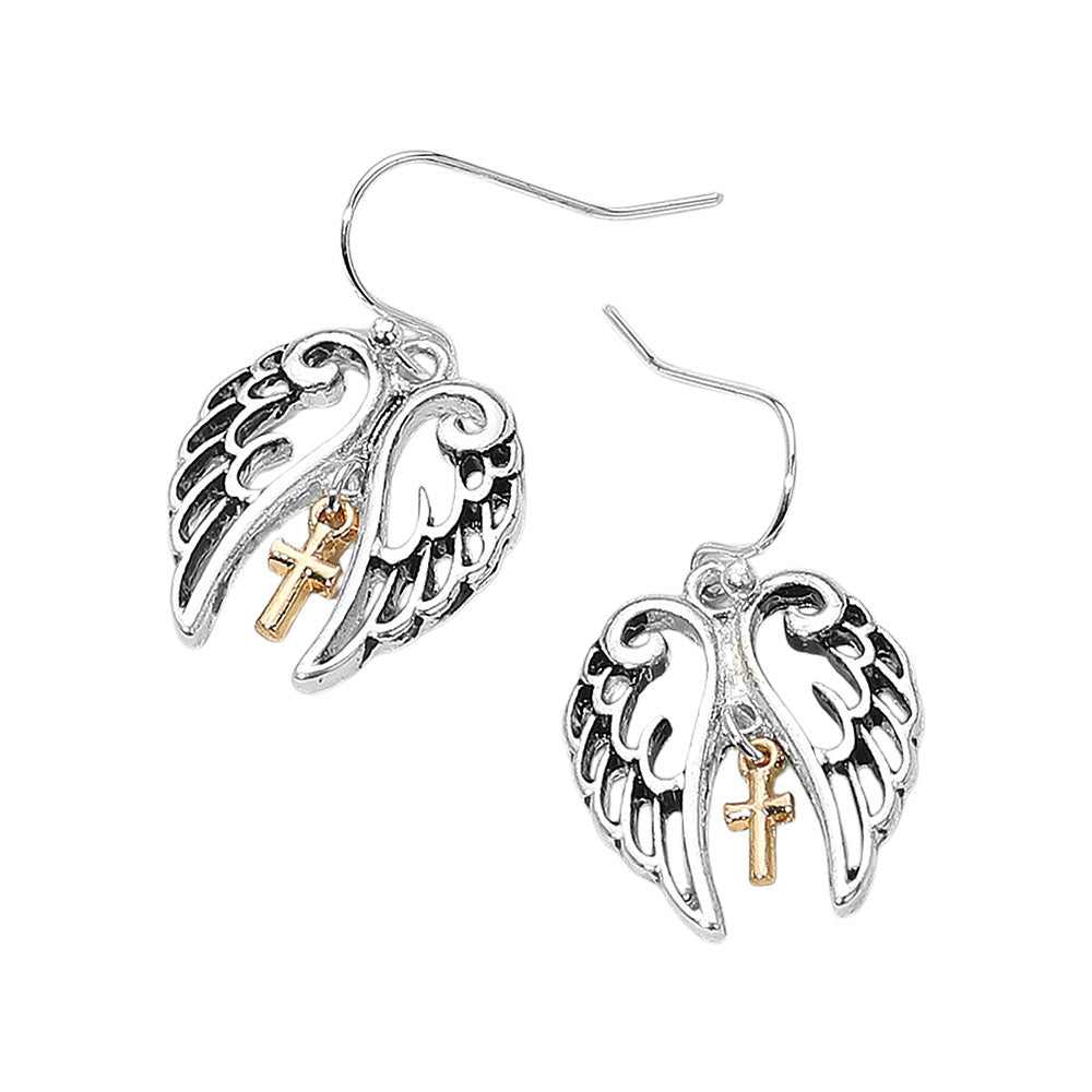 Madeline Love Two Tone Two Tone Metal Cross Tip Angel Wing Dangle Earrings - desc