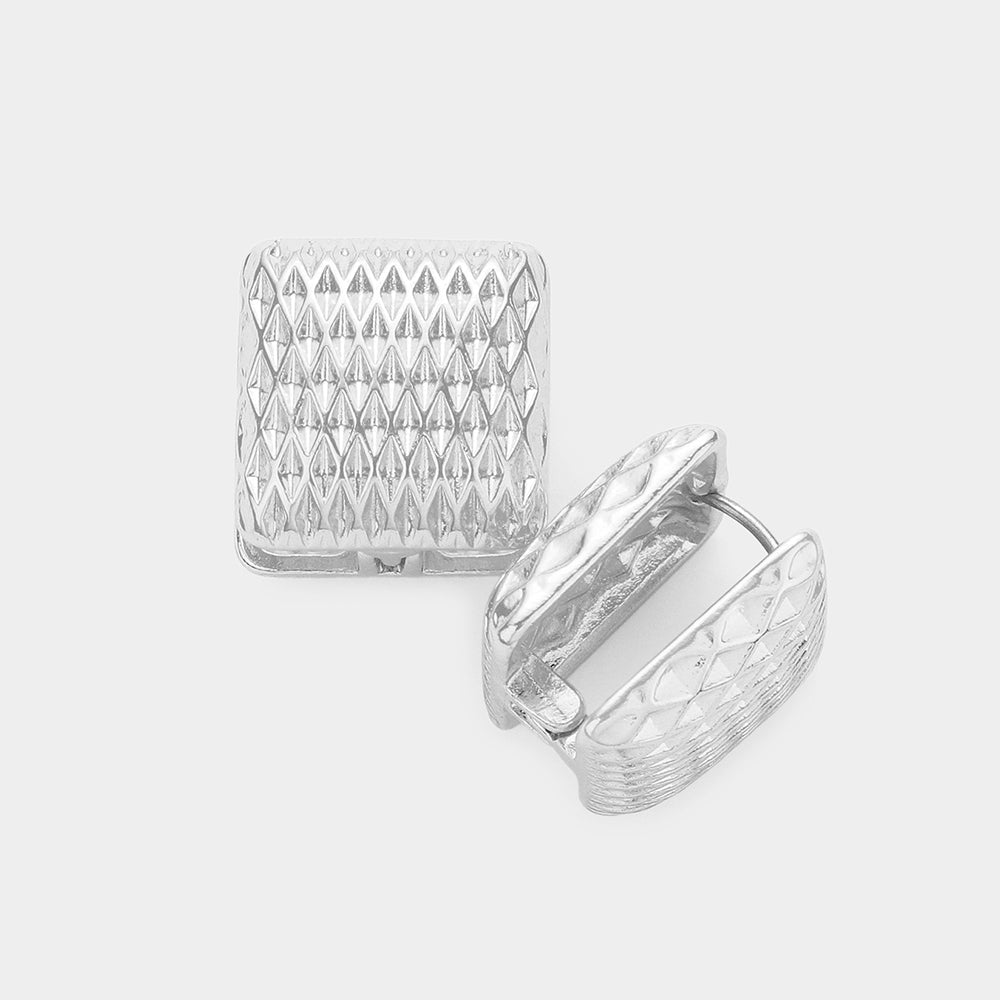 Madeline Love Rhodium Textured Square Metal Huggie Earrings