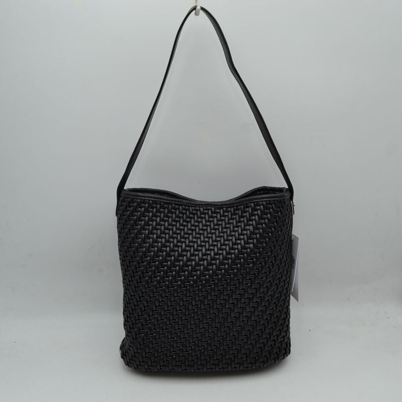 Woven Bucket Hobo Bag with Wide Shoulder Strap - Black - Hobo Bags