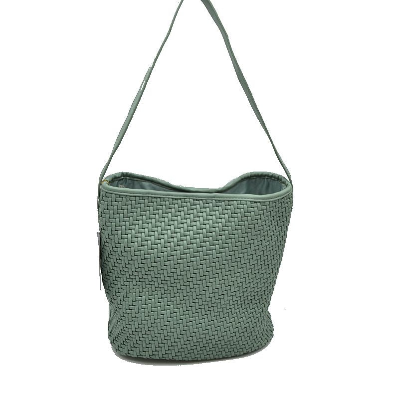 Woven Bucket Hobo Bag with Wide Shoulder Strap - Sage Green - Hobo Bags