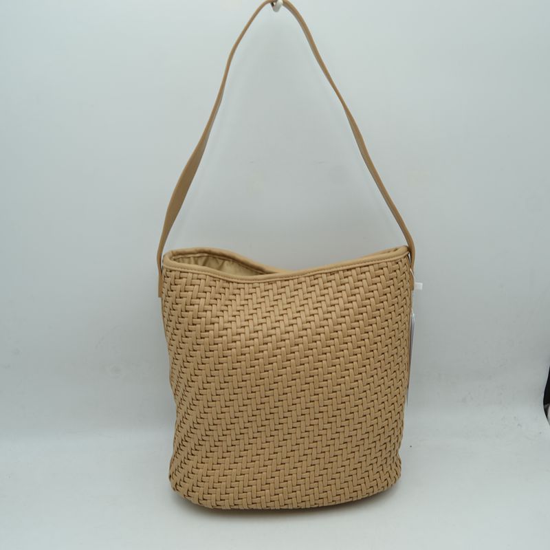 Woven Bucket Hobo Bag with Wide Shoulder Strap - Taupe - Hobo Bags