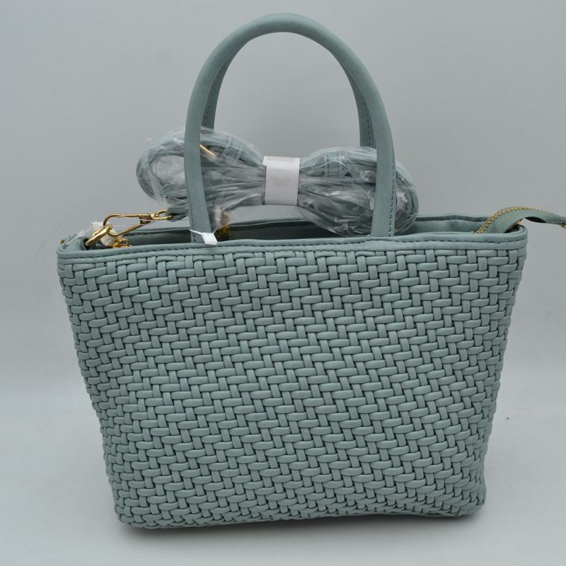 Woven Mini Tote Bag with Rounded Top Handles and Detachable Strap - Darkblue - Tote Bag