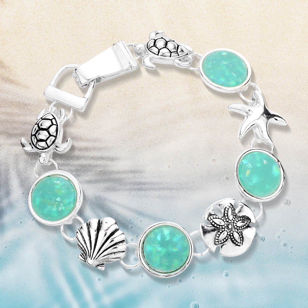 Madeline Love Antique Silver, Turquoise Sea Glass Embossed Metal Sea Life Magnetic Link Bracelet - Jewelry
