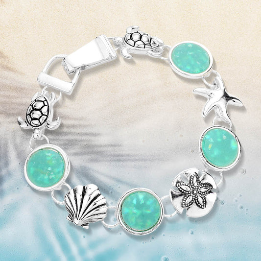 Madeline Love Antique Silver, Turquoise Sea Glass Embossed Metal Sea Life Magnetic Link Bracelet - Jewelry