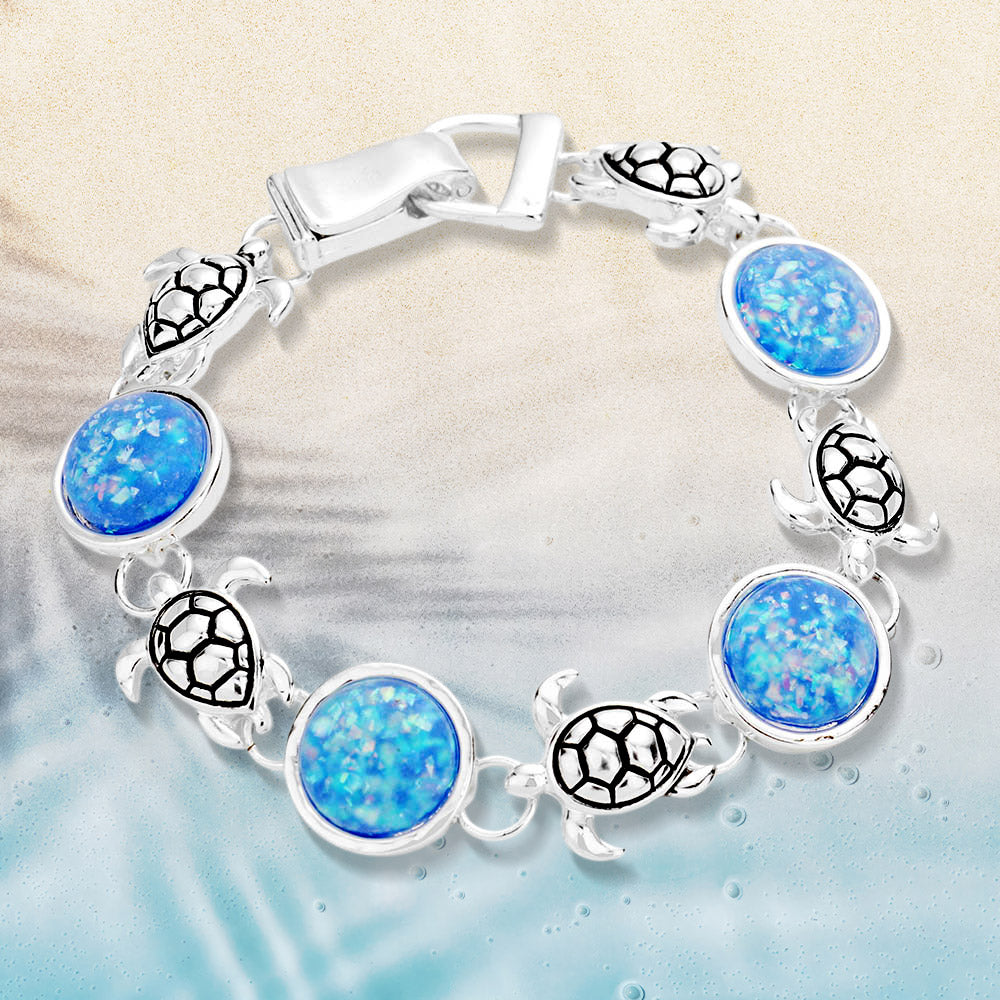 Madeline Love Antique Silver, Blue Sea Glass Embossed Turtle Metal Magnetic Link Bracelet - Jewelry
