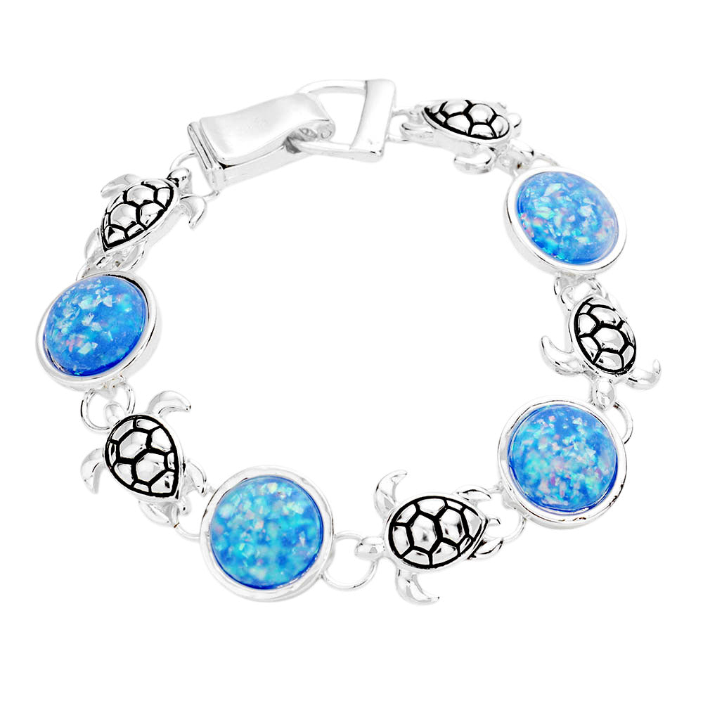 Madeline Love Antique Silver, Blue Sea Glass Embossed Turtle Metal Magnetic Link Bracelet - Jewelry - desc