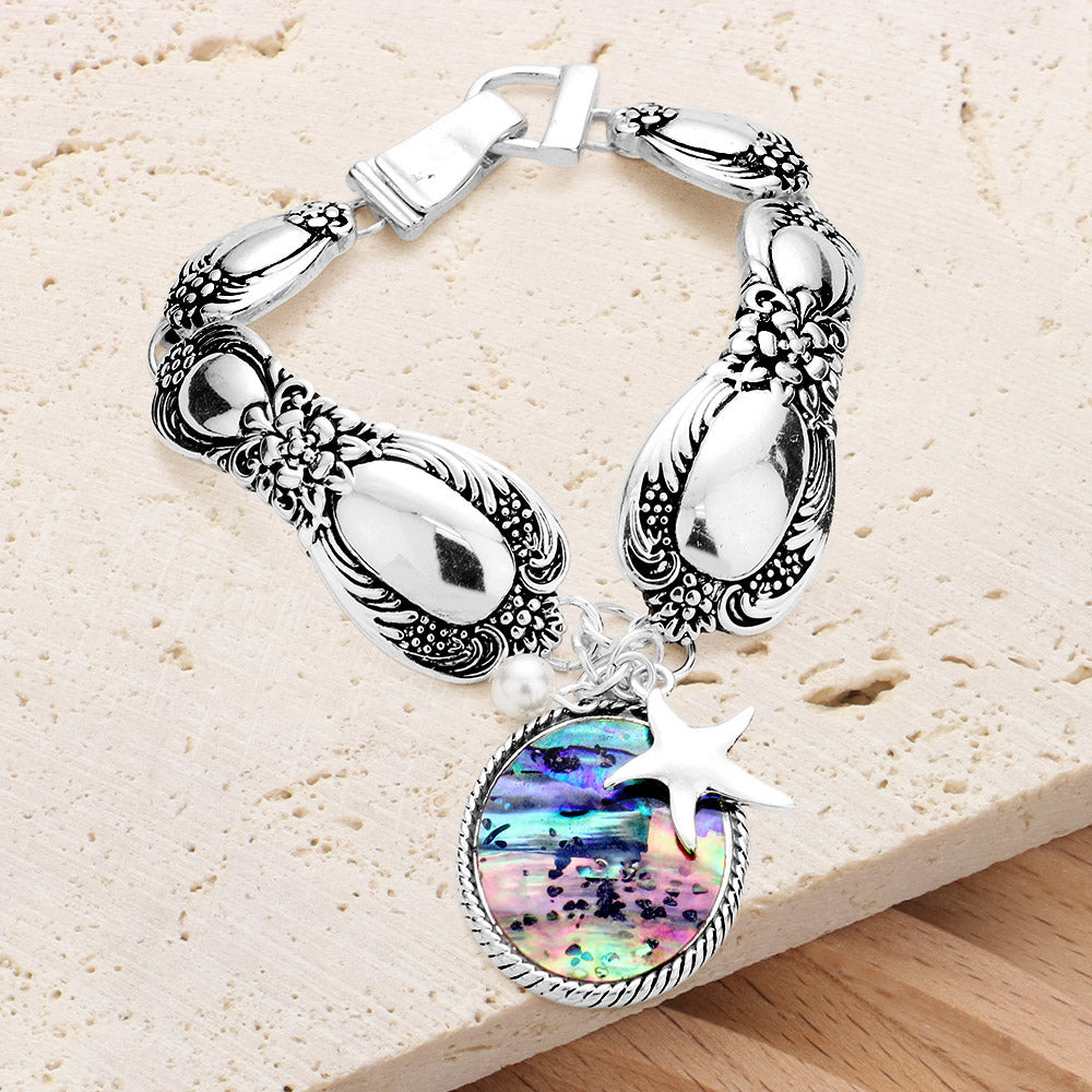 Madeline Love Abalone, Antique Silver Abalone Starfish Pearl Charm Patterned Antique Silver Bracelet - Bracelets