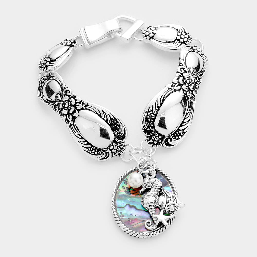Abalone, Antique Silver Abalone Seahorse Pearl Charm Patterned Antique Silver Bracelet