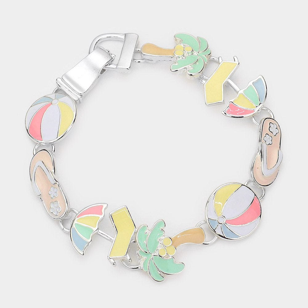 Madeline Love Multi, Silver Enamel Vacation Theme Palm Tree Flipflop Beachball Link Magnetic Bracelet - Bracelets
