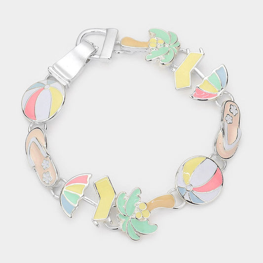 Madeline Love Multi, Silver Enamel Vacation Theme Palm Tree Flipflop Beachball Link Magnetic Bracelet - Bracelets