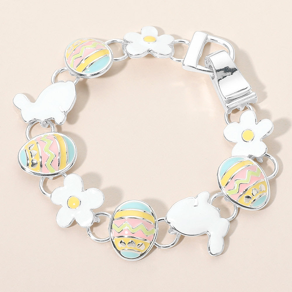 Madeline Love Multi, Silver Enamel Easter Bunny Egg Flower Link Magnetic Bracelet - Bracelets