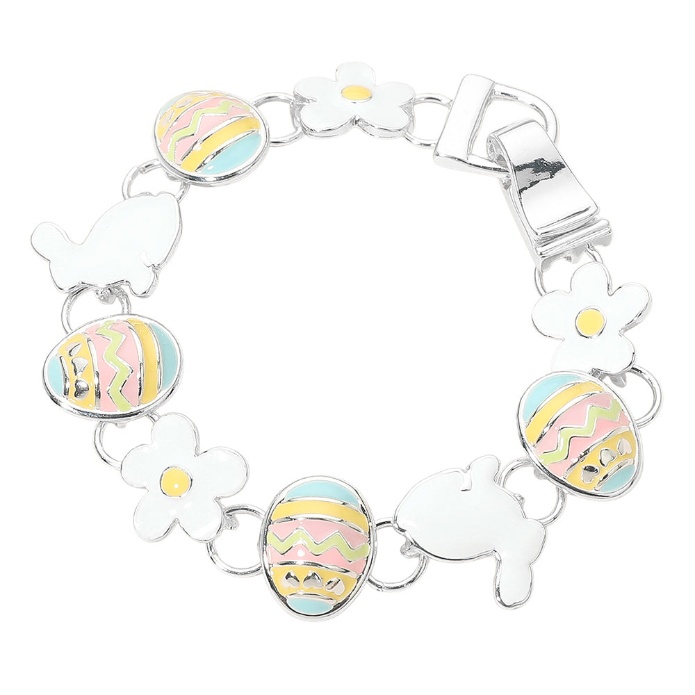 Madeline Love Multi, Silver Enamel Easter Bunny Egg Flower Link Magnetic Bracelet - Bracelets - desc