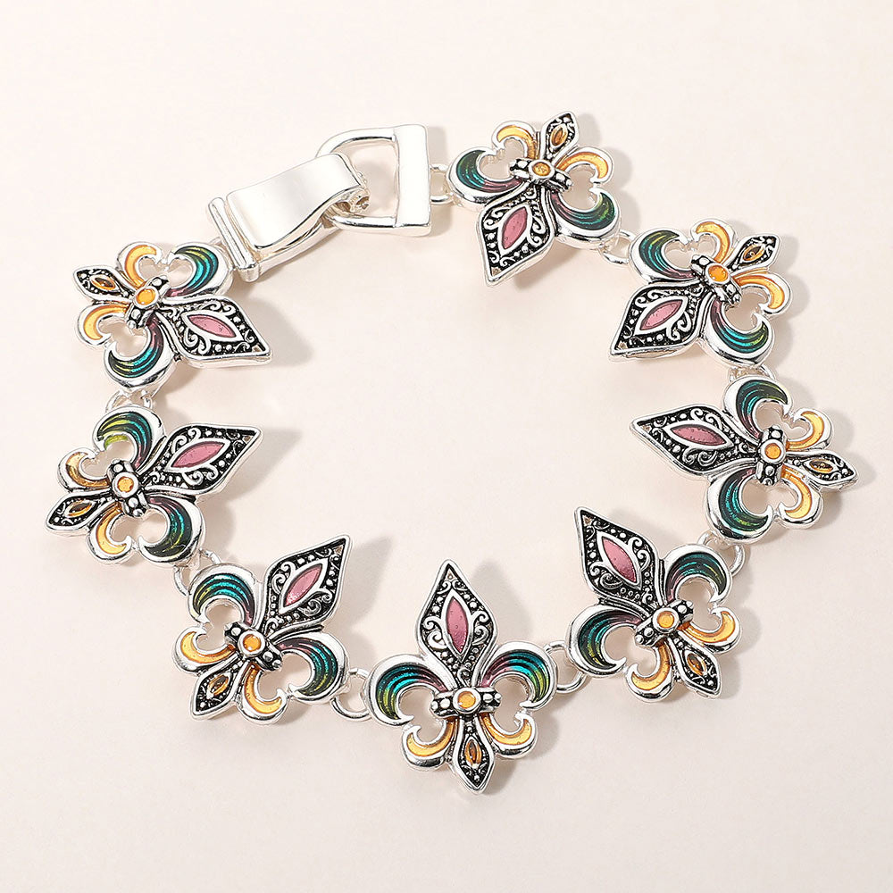 Antique Silver, Multi Enamel Fleur de Lis Link Magnetic Bracelet