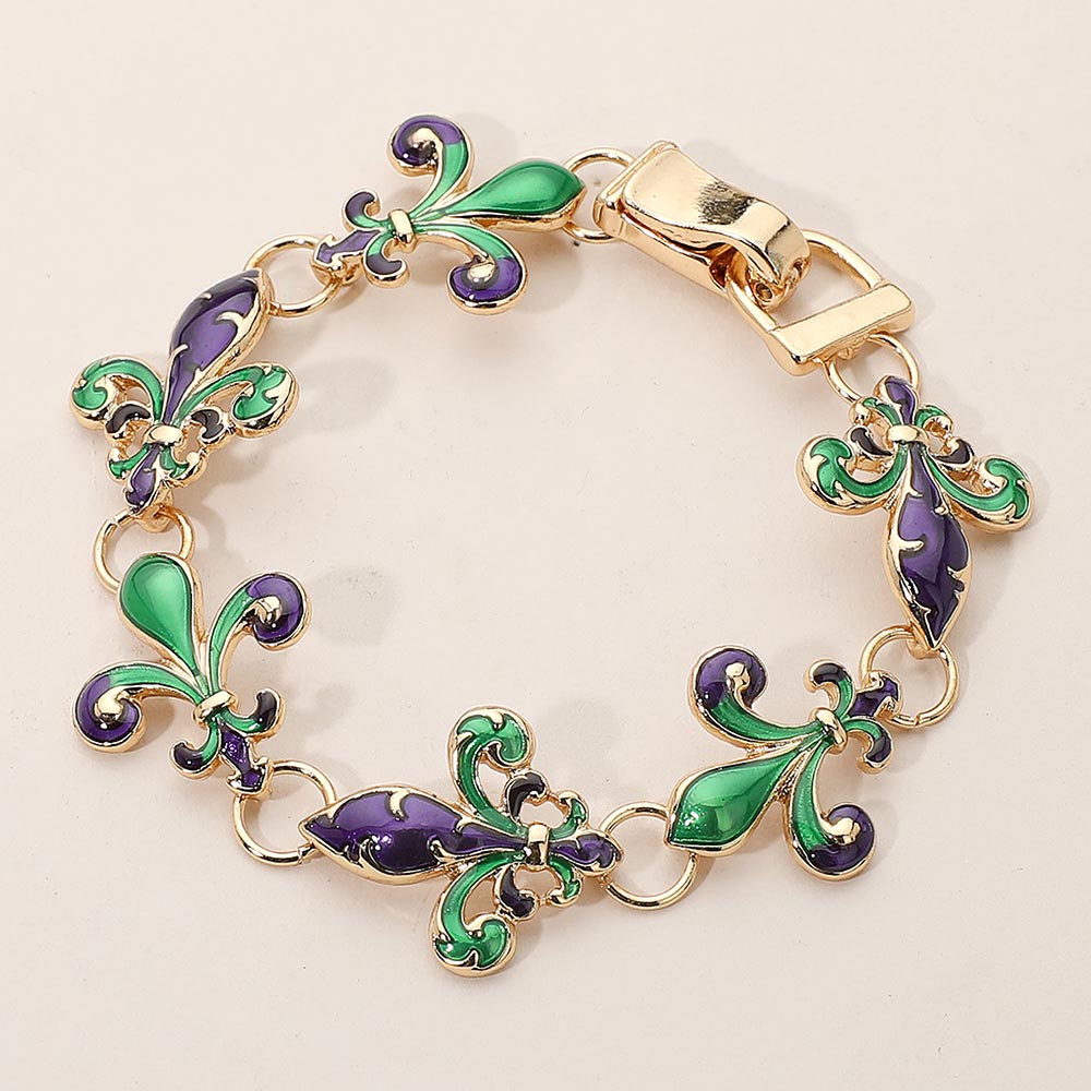 Gold, Multi Enamel Fleur de Lis Link Magnetic Bracelet