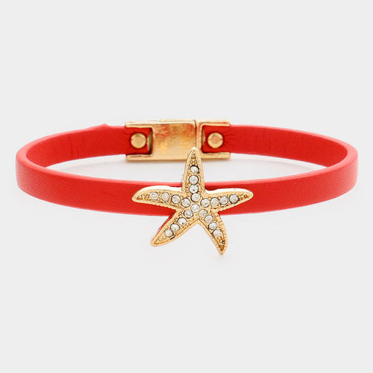 Gold, Red Crystal starfish accented faux leather bracelet