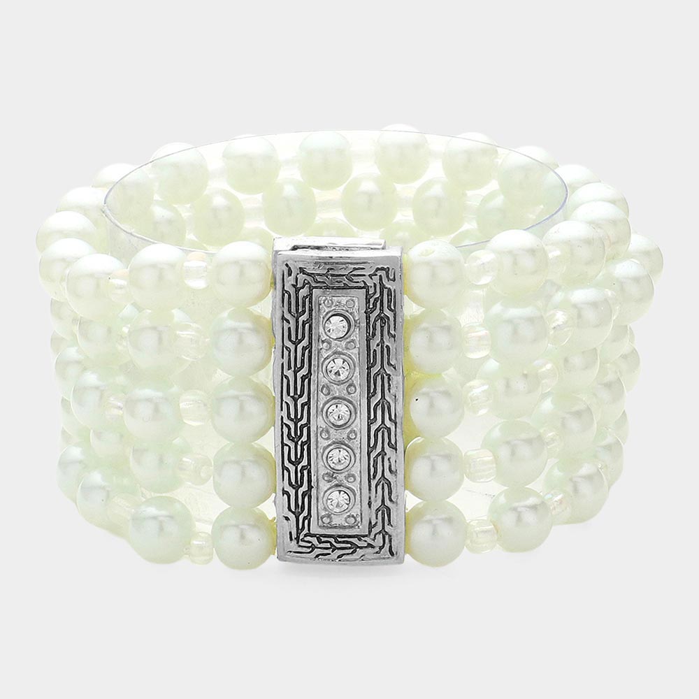 Madeline Love Clear, White Pearl Strand Magnetic Bracelet - Bracelets