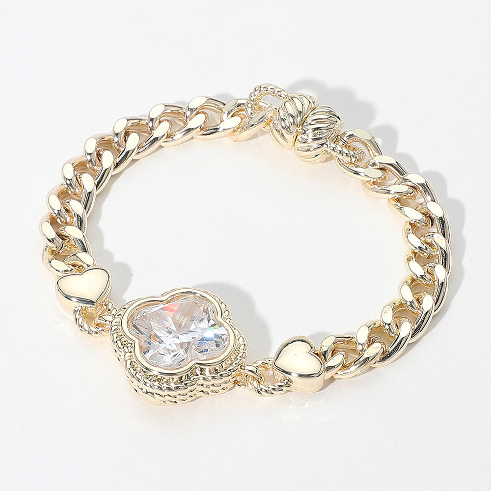 Madeline Love Clear, Gold 14K Gold Plated CZ Quatrefoil Stone Pointed Magnetic Bracelet