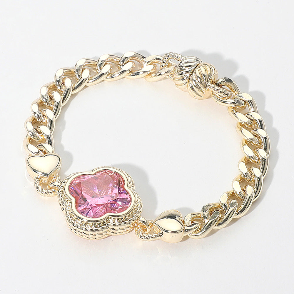 Madeline Love Gold, Pink 14K Gold Plated CZ Quatrefoil Stone Pointed Magnetic Bracelet