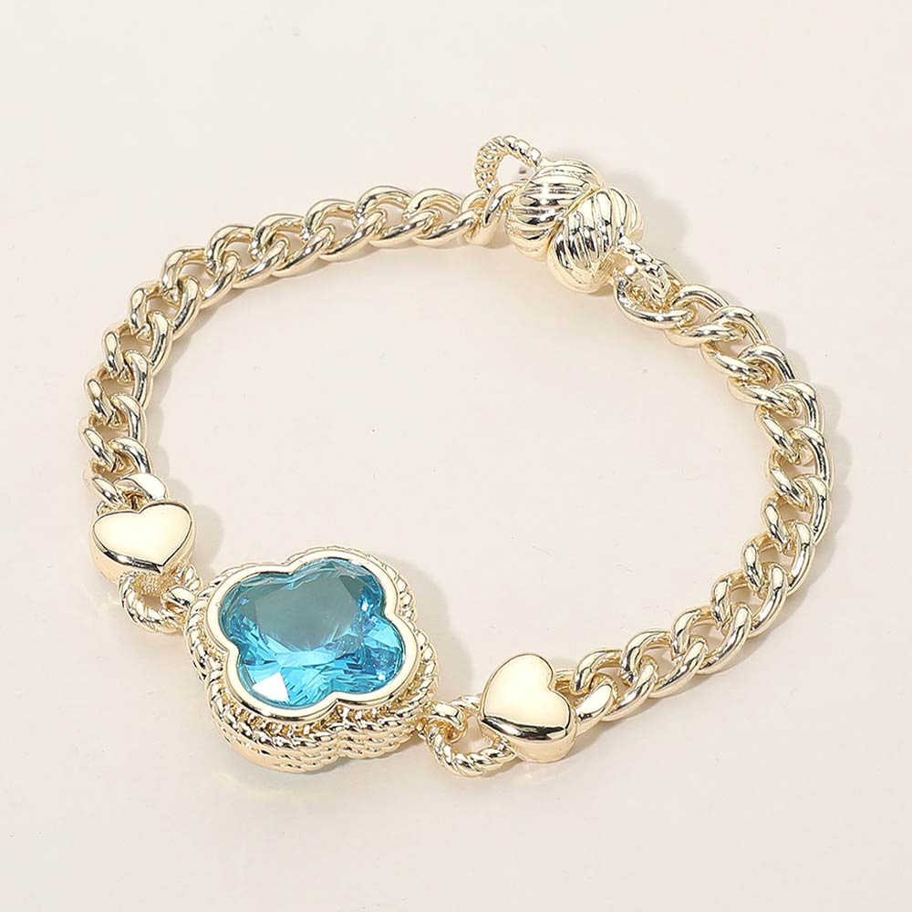 Madeline Love Blue, Gold 14K Gold Plated CZ Quatrefoil Stone Pointed Magnetic Bracelet