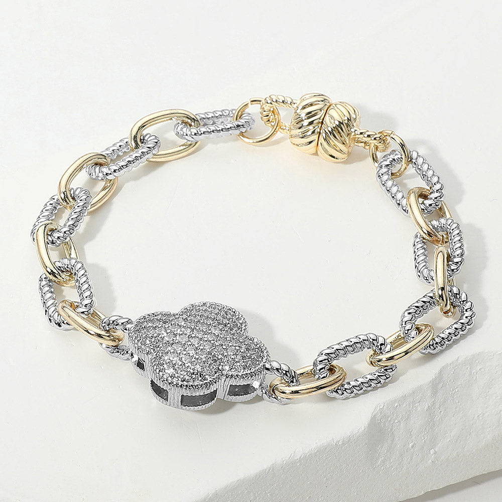 Madeline Love Two Tone 14K Gold Plated CZ Stone Paved Quatrefoil Charm Accent Two Tone Chain Magnetic Bracelet