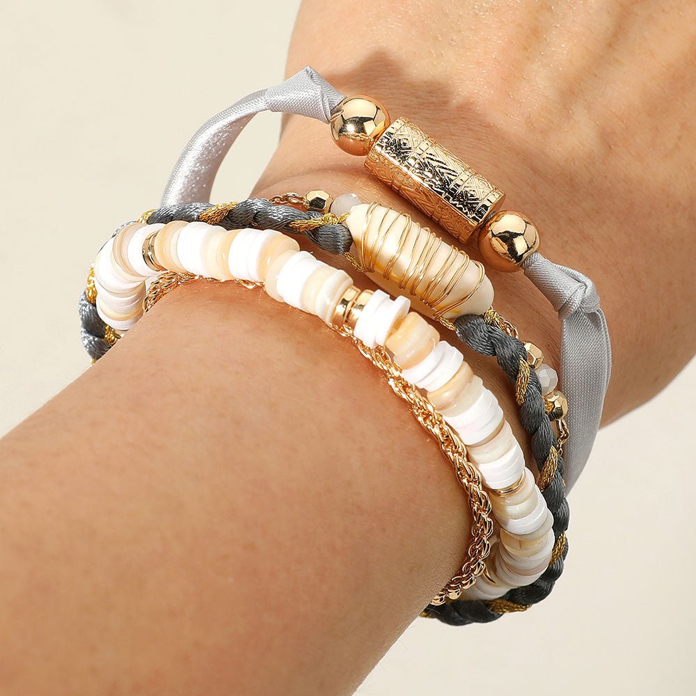 Madeline Love Gold, Gray, Ivory Puka Shell Heishi Beaded Multi Strand Magnetic Bracelet - Bracelets