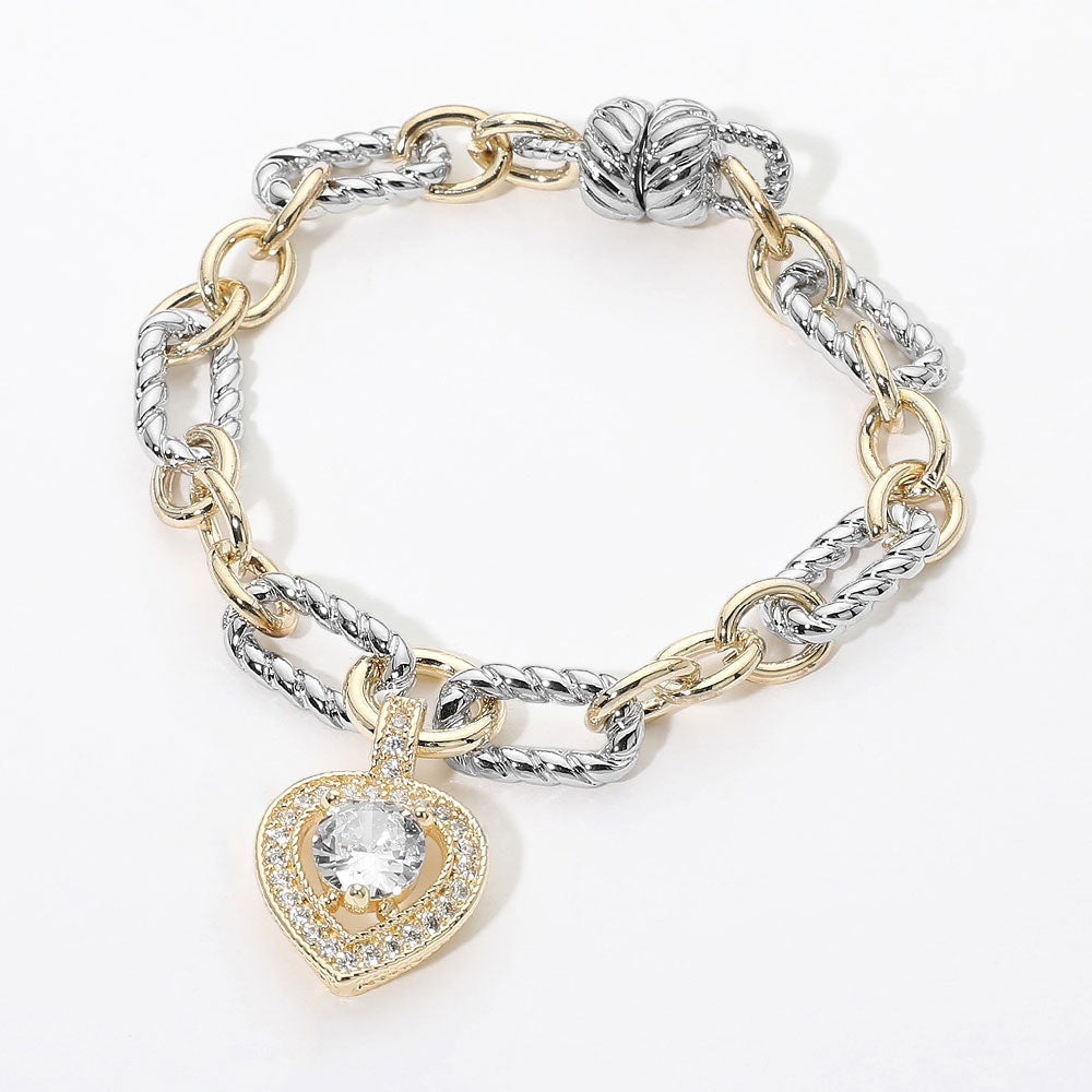 Madeline Love Clear, Two Tone 14K Gold Plated Two Tone Chunky Chain CZ Heart Charm Magnetic Bracelet
