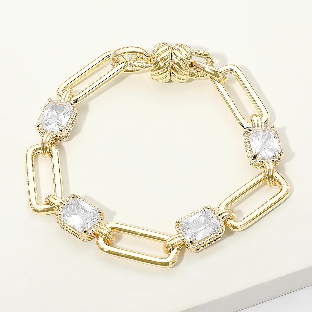 Madeline Love Clear, Gold 14K Gold Plated Square CZ Cluster Oval Link Magnetic Bracelet