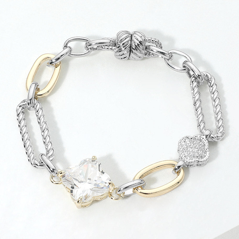 Madeline Love Two Tone 14K Gold Plated Two Tone CZ Quatrefoil Charm Accent Textured Link Bracelet