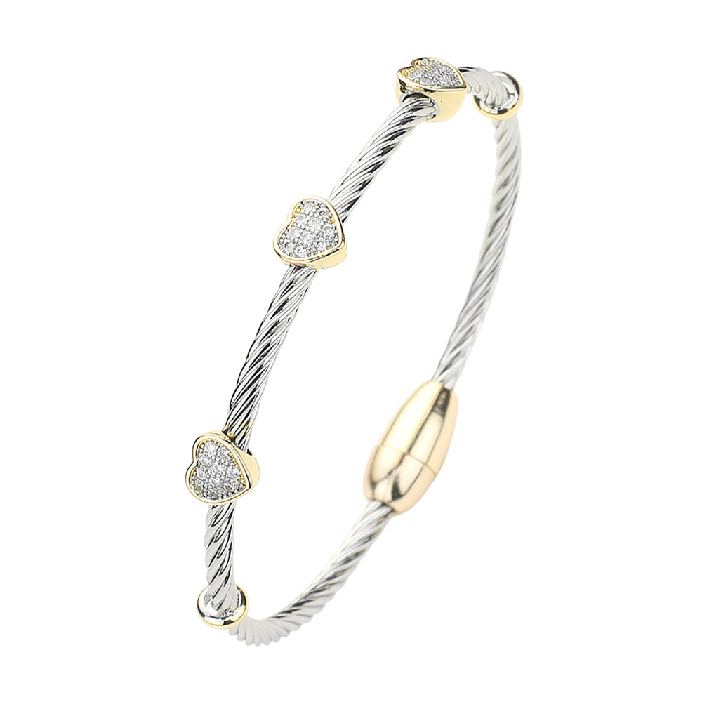 CZ Stone Paved Heart Pointed Bangle Magnetic Bracelet