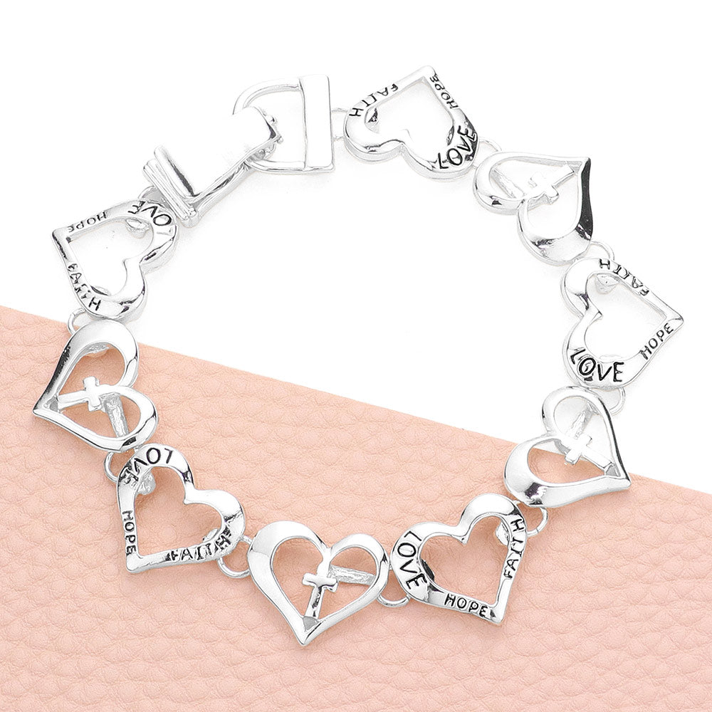 Madeline Love Antique Silver Love Faith Hope Message Cross Heart Link Magnetic Bracelet - Bracelets