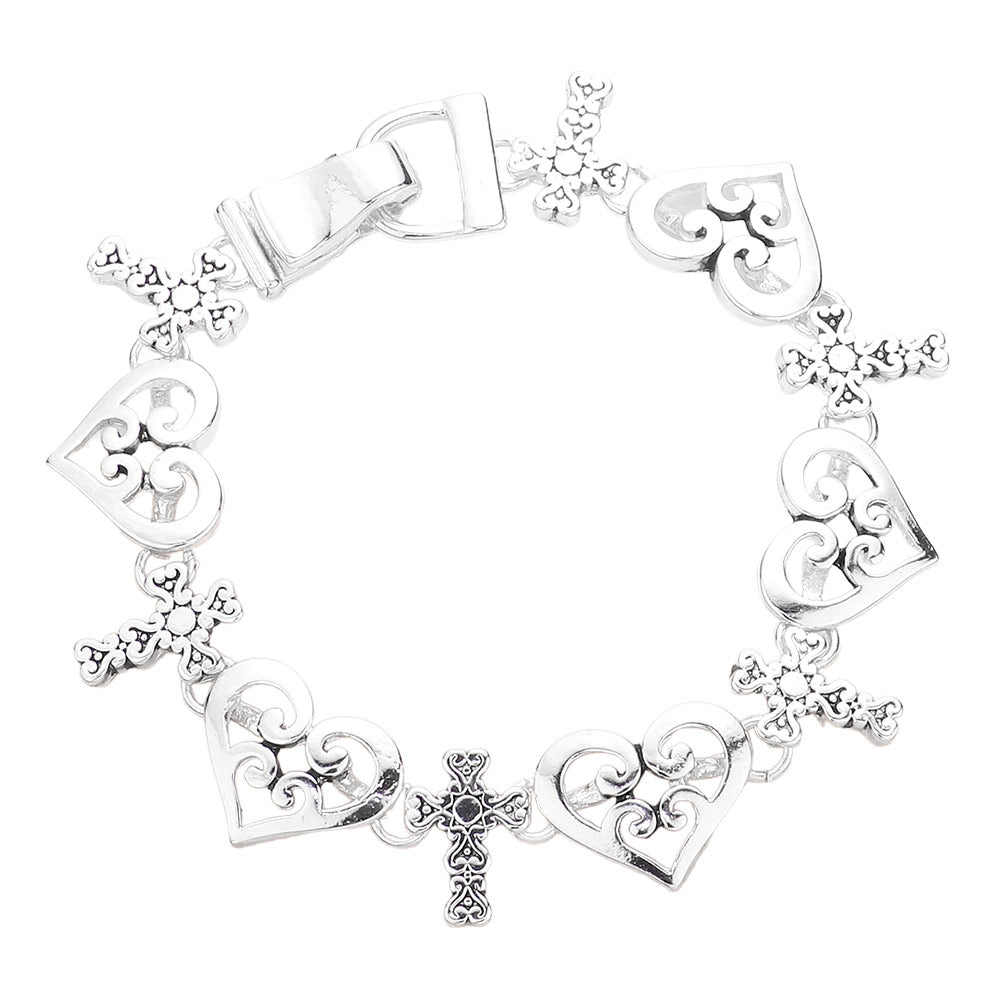 Silver Filigree Heart Cross Link Magnetic Bracelet adds elegance to any outfit. Its detailed design has magnetic clasps for easy wear and is sure to stand out. Made with high-quality materials, this bracelet is both stylish and practical. Feel confident and fashionable with this must-have accessory.