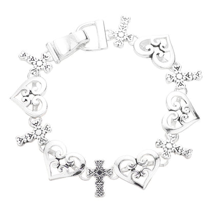 Silver Filigree Heart Cross Link Magnetic Bracelet adds elegance to any outfit. Its detailed design has magnetic clasps for easy wear and is sure to stand out. Made with high-quality materials, this bracelet is both stylish and practical. Feel confident and fashionable with this must-have accessory.