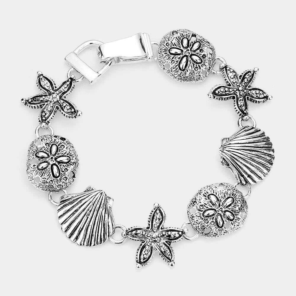 Madeline Love Antique Silver Antique Metal Starfish Sand Dollar Shell Link Magnetic Bracelet - Bracelets