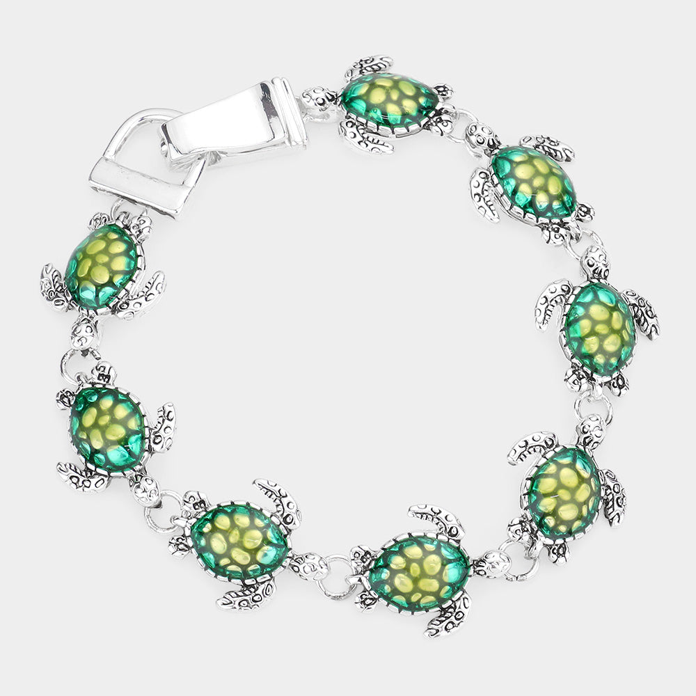 Multi, Silver Enamel Sea Turtle Link Magnetic Bracelet