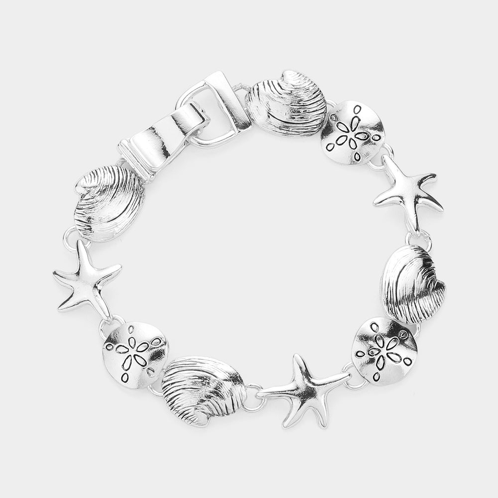 Antique Silver Metal Starfish & Sand Dollar Link Magnetic Bracelet