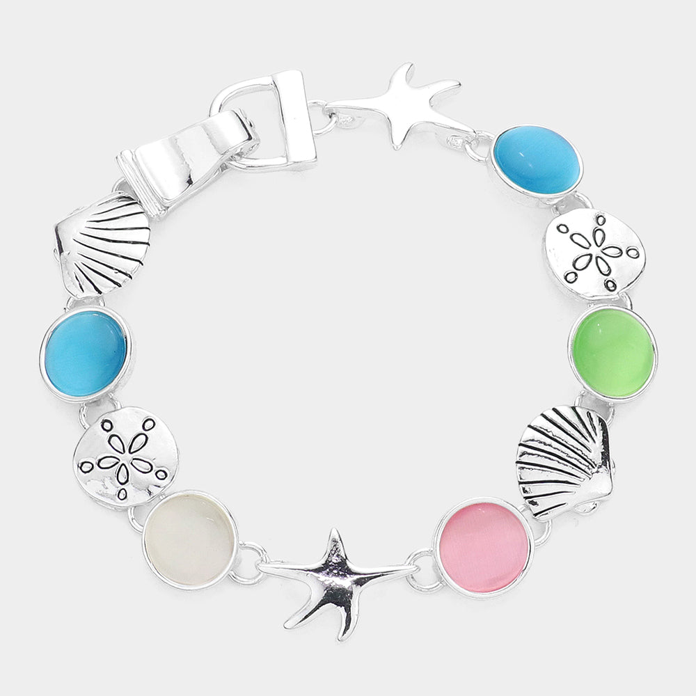 Antique Silver, Multi Shimmery Starfish Shell Link Magnetic Bracelet