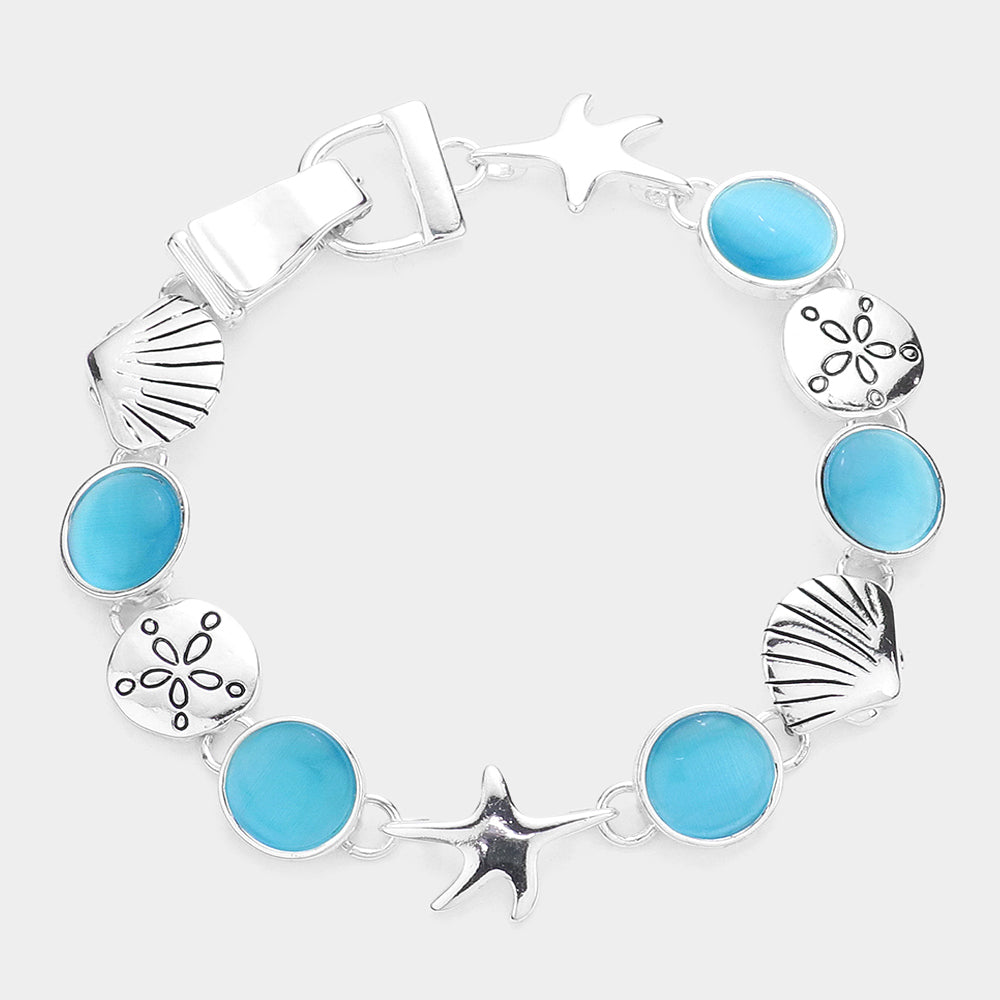 Antique Silver, Mint Shimmery Starfish Shell Link Magnetic Bracelet
