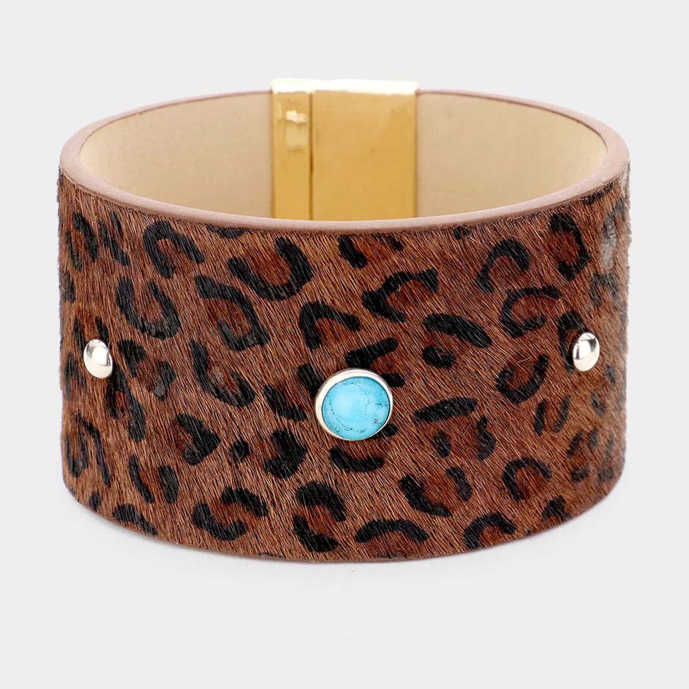 Madeline Love Brown, Gold, Turquoise Leopard Leather Turquoise Round Magnetic Bracelet - Bracelets