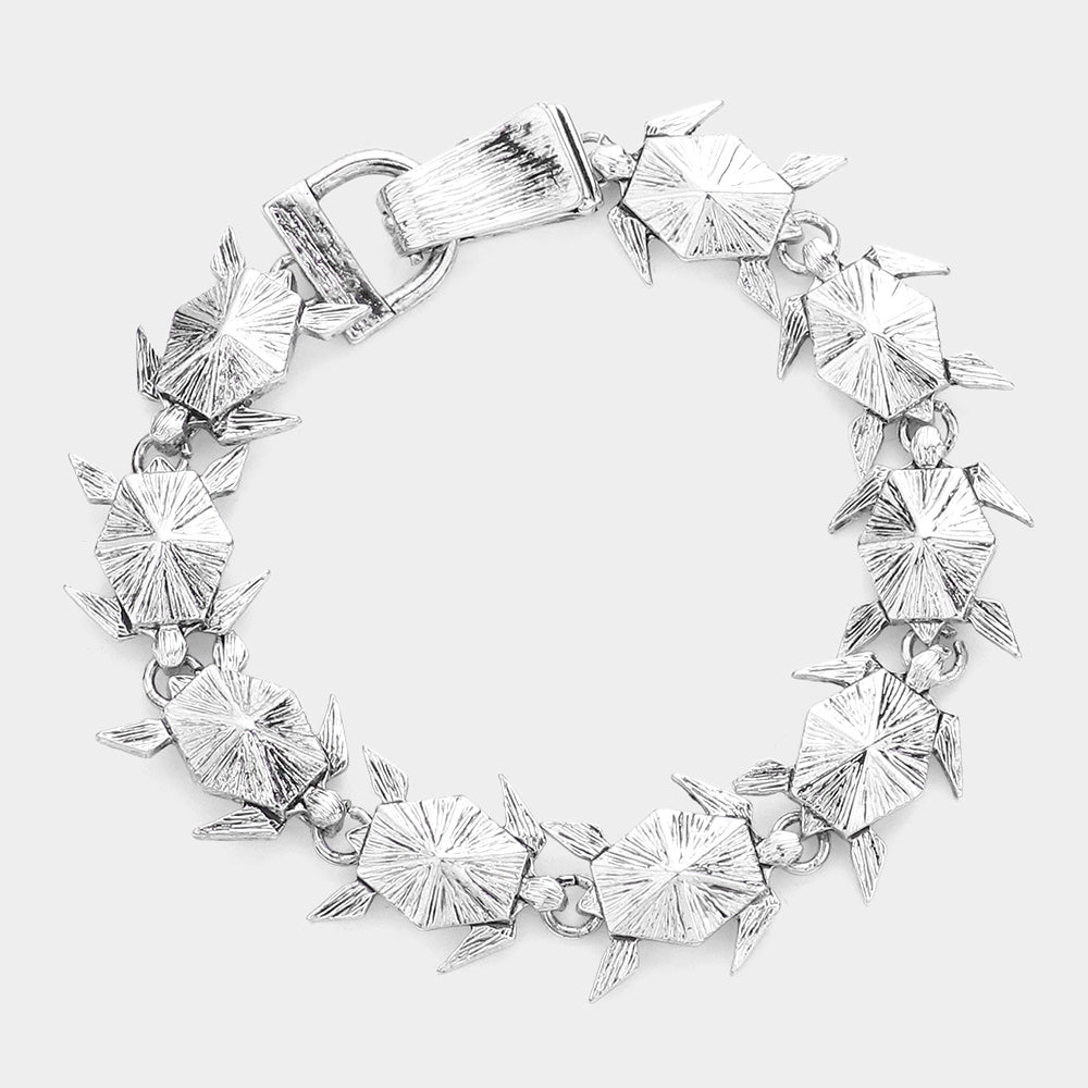 Antique Silver Textured Metal Origami Turtle Link Magnetic Bracelet