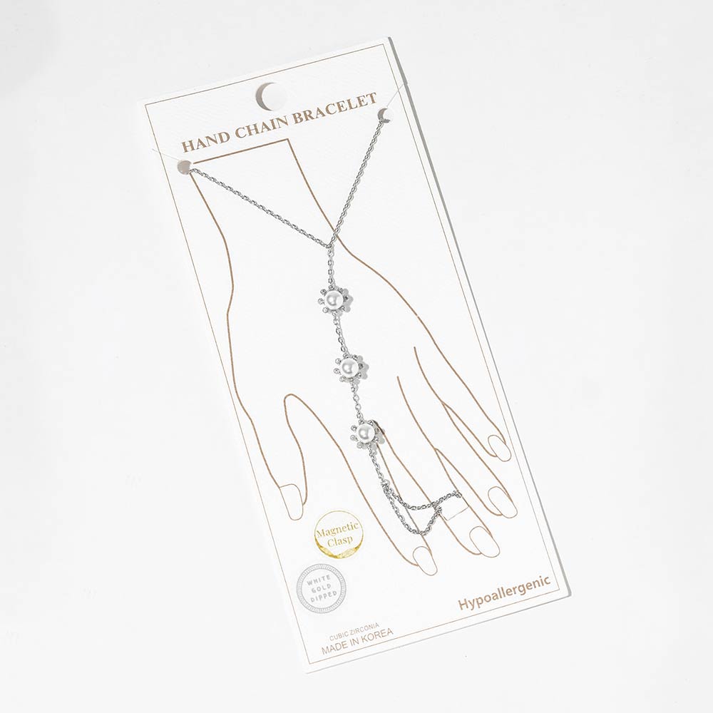 Madeline Love Rhodium, White White Gold Dipped CZ Pearl Flower Link Hand Chain Magnetic Bracelet - Body Jewelry