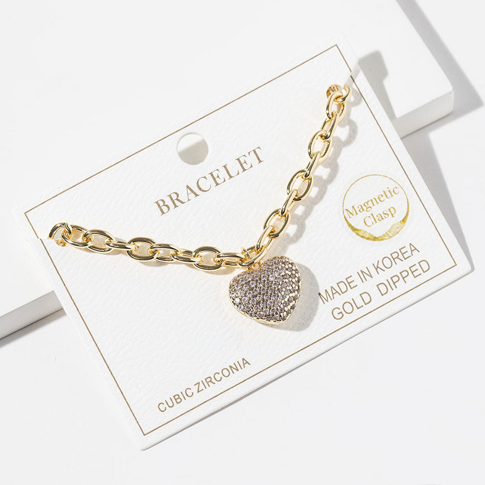 Madeline Love Clear, Gold Gold Dipped CZ Stone Paved Puffy Heart Charm Magnetic Chain Bracelet