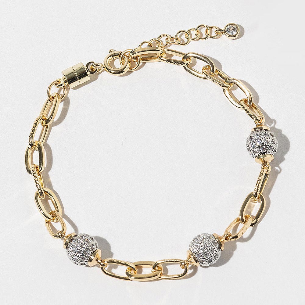 Madeline Love Clear, Gold Gold Dipped CZ Stone Paved Ball Accent Oval Link Chain Bracelet