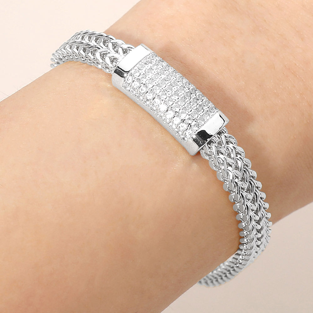 Madeline Love Silver CZ Pave Bar Accent Textured Mesh Chain Magnetic Bracelet
