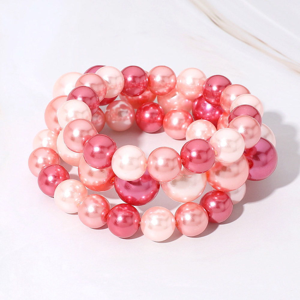 Madeline Love Multi, Pink 3PCS - Pearl Beaded Stretch Multi Layered Bracelets
