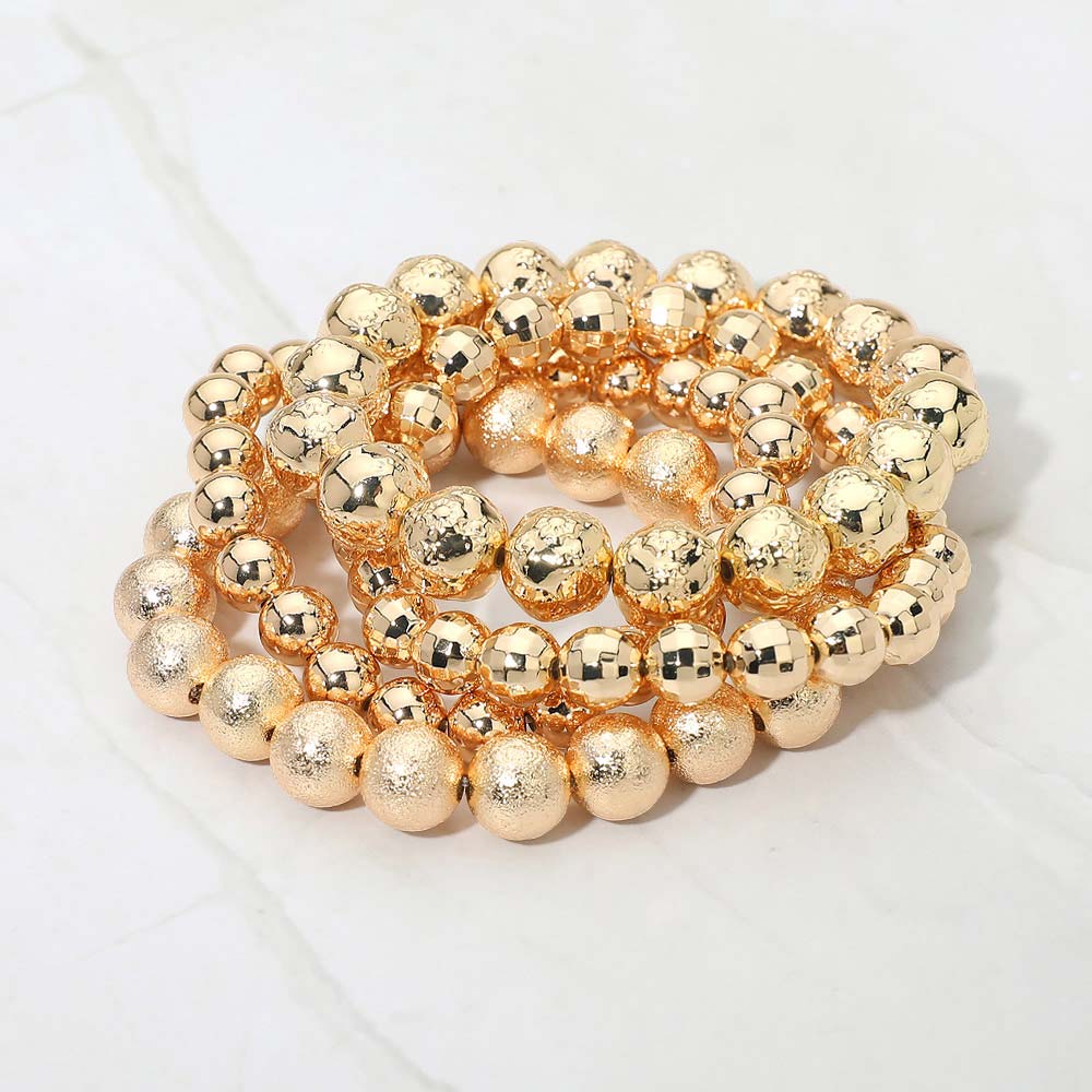 Madeline Love Gold 4PCS - Textured Metal Ball Beaded Stretch Multi Layered Bracelets