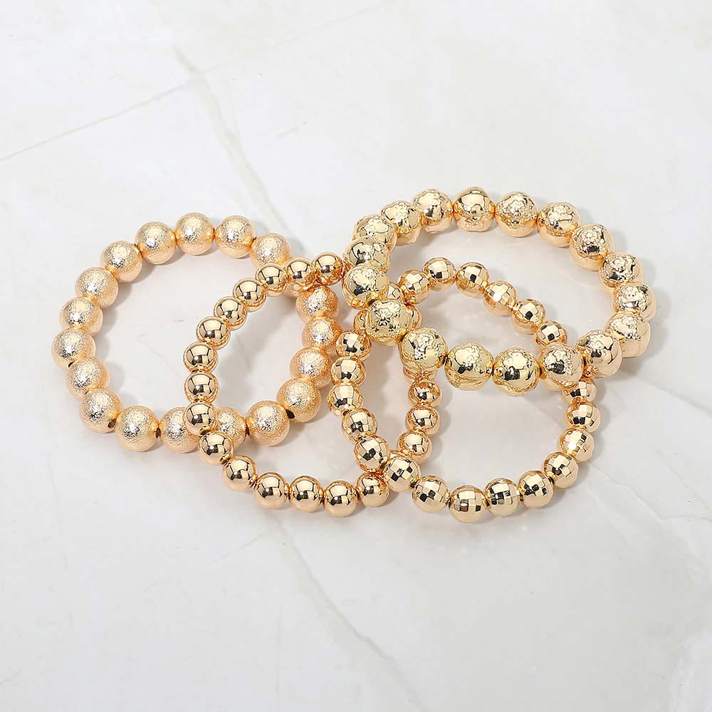 Madeline Love Gold 4PCS - Textured Metal Ball Beaded Stretch Multi Layered Bracelets - desc