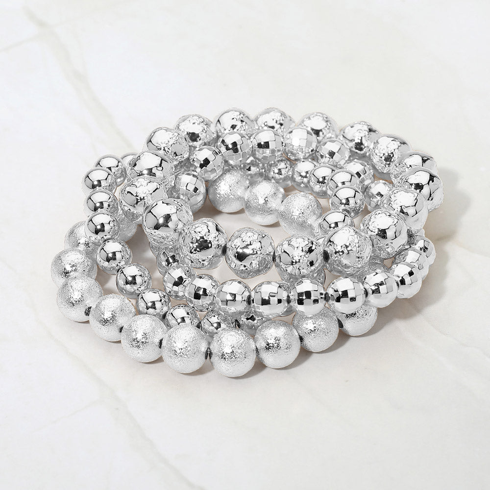 Madeline Love Rhodium 4PCS - Textured Metal Ball Beaded Stretch Multi Layered Bracelets
