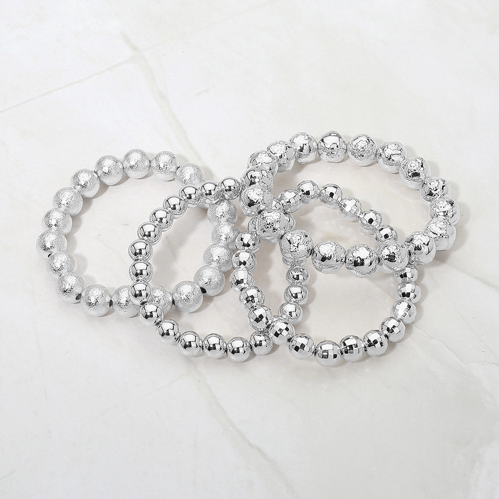 Madeline Love Rhodium 4PCS - Textured Metal Ball Beaded Stretch Multi Layered Bracelets - desc