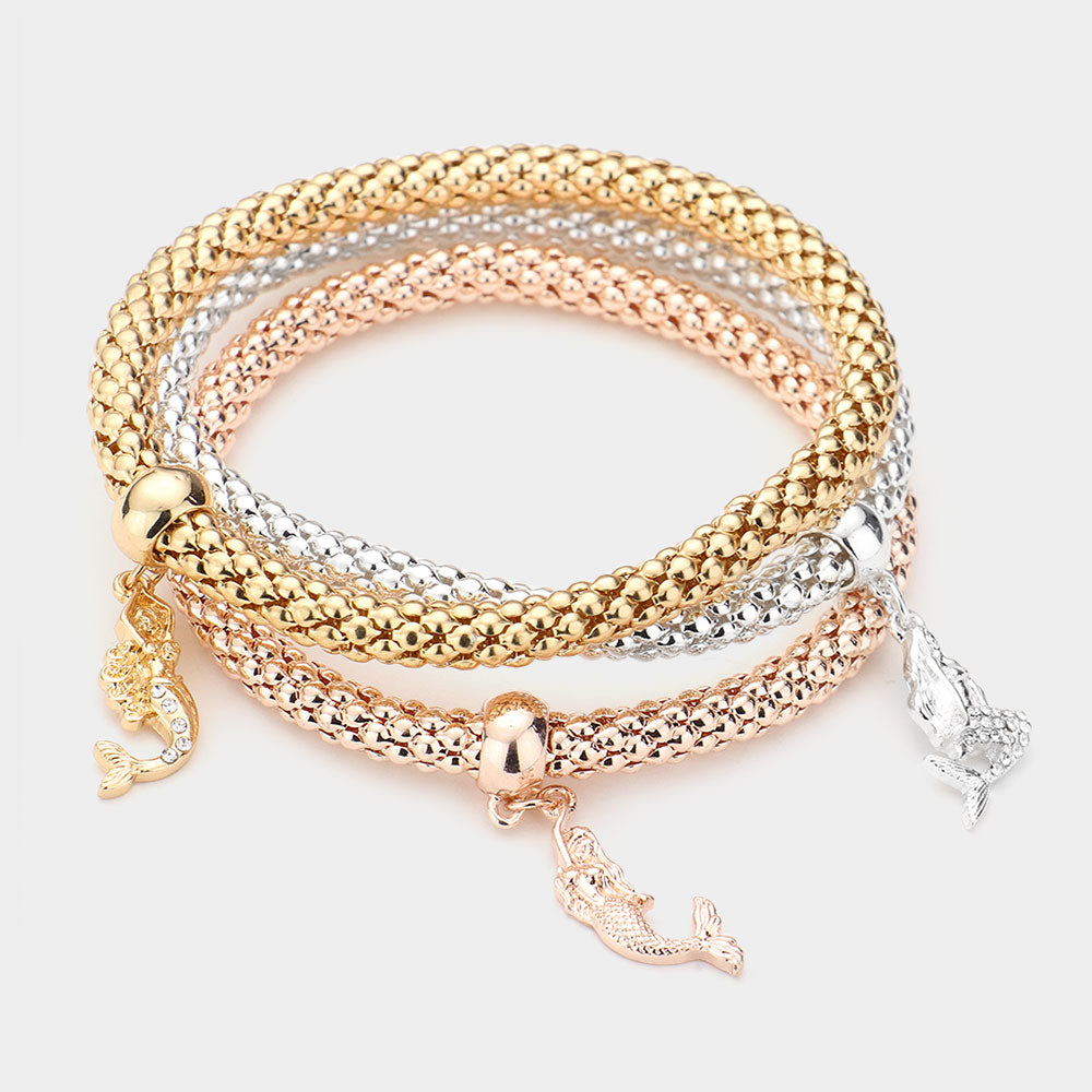 Madeline Love Three Tone 3PCS - Rhinestone Embellished Metal Mermaid Charm Stretch Bracelets - Jewelry